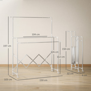Séchoir à linge pliable réglable étendoir 3 barres 4 roulettes dim. L.104-150 x P.103 x H.145-197 cm acier inox
