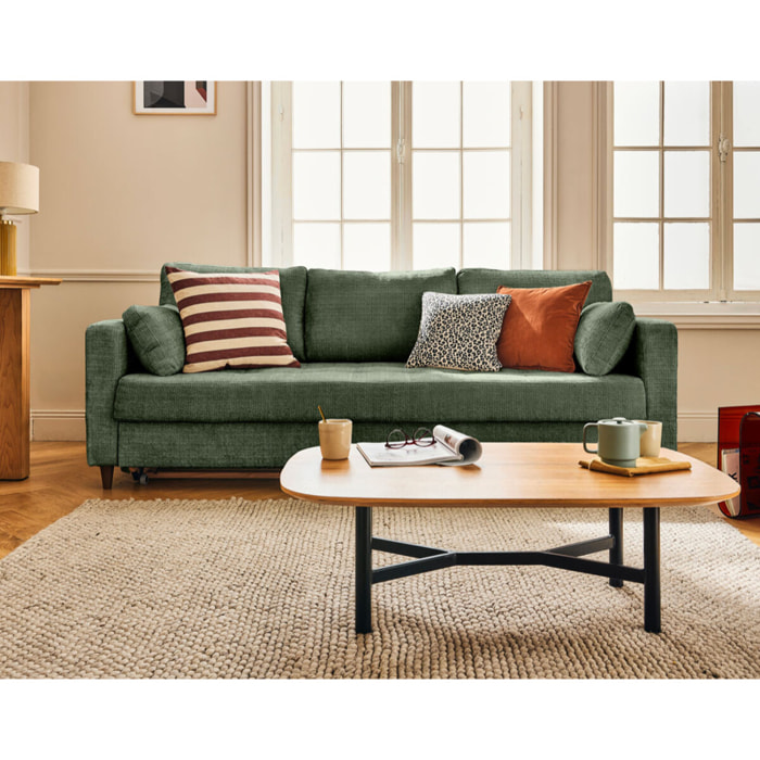 Anna - canapé droit 3 places convertible avec poche en velours texturé - Vert sauge