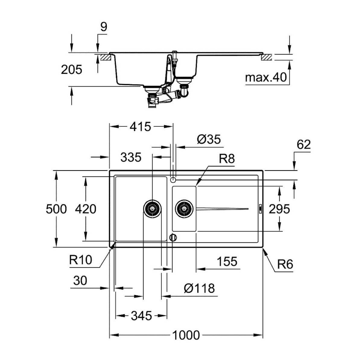 GROHE Évier 1 bac avec saucier et égouttoir K400 - noir granite - 100 x 50 cm