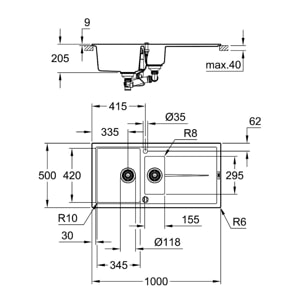 GROHE Évier 1 bac avec saucier et égouttoir K400 - noir granite - 100 x 50 cm