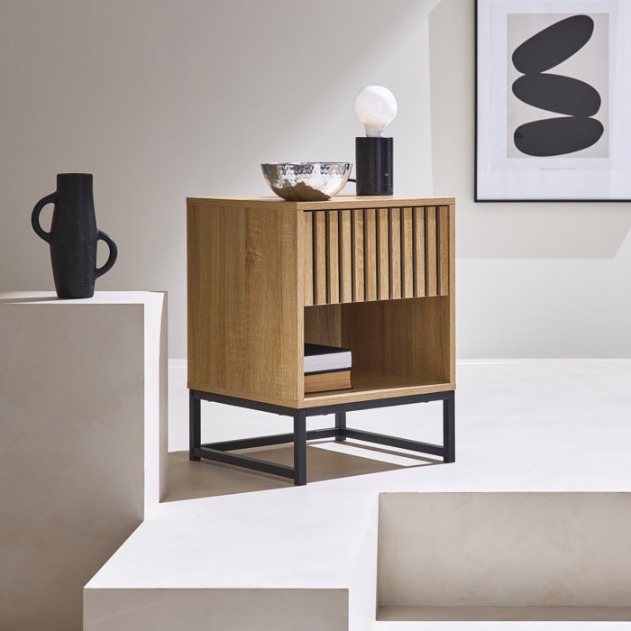 Table de chevet contemporaine décor bois rainuré 1 tiroir LISBONNE