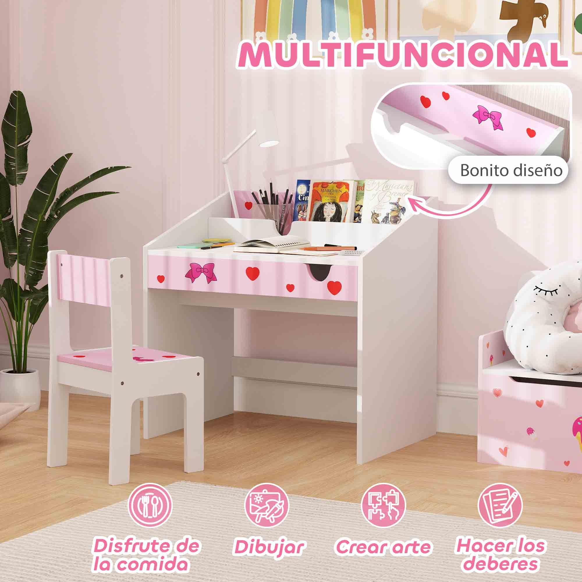 Juego de Escritorio y Silla para Niños de +3 Años Pupitre Infantil con Cajón Extraíble y Compartimento para Dormitorio Sala Estudio Rosa y Blanco