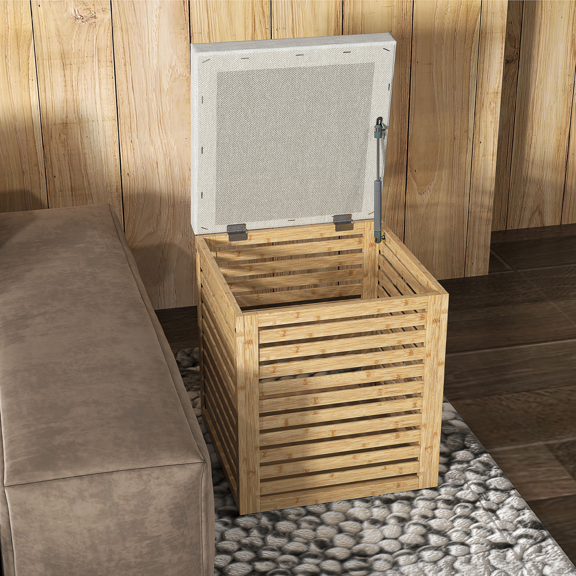 Baúl de Almacenaje para Dormitorio 54,7L Taburete de Almacenaje Tapizado en Lino Sintético con Cojín Marco de Bambú para Entrada Salón 40x40x47 cm Gris y Natural