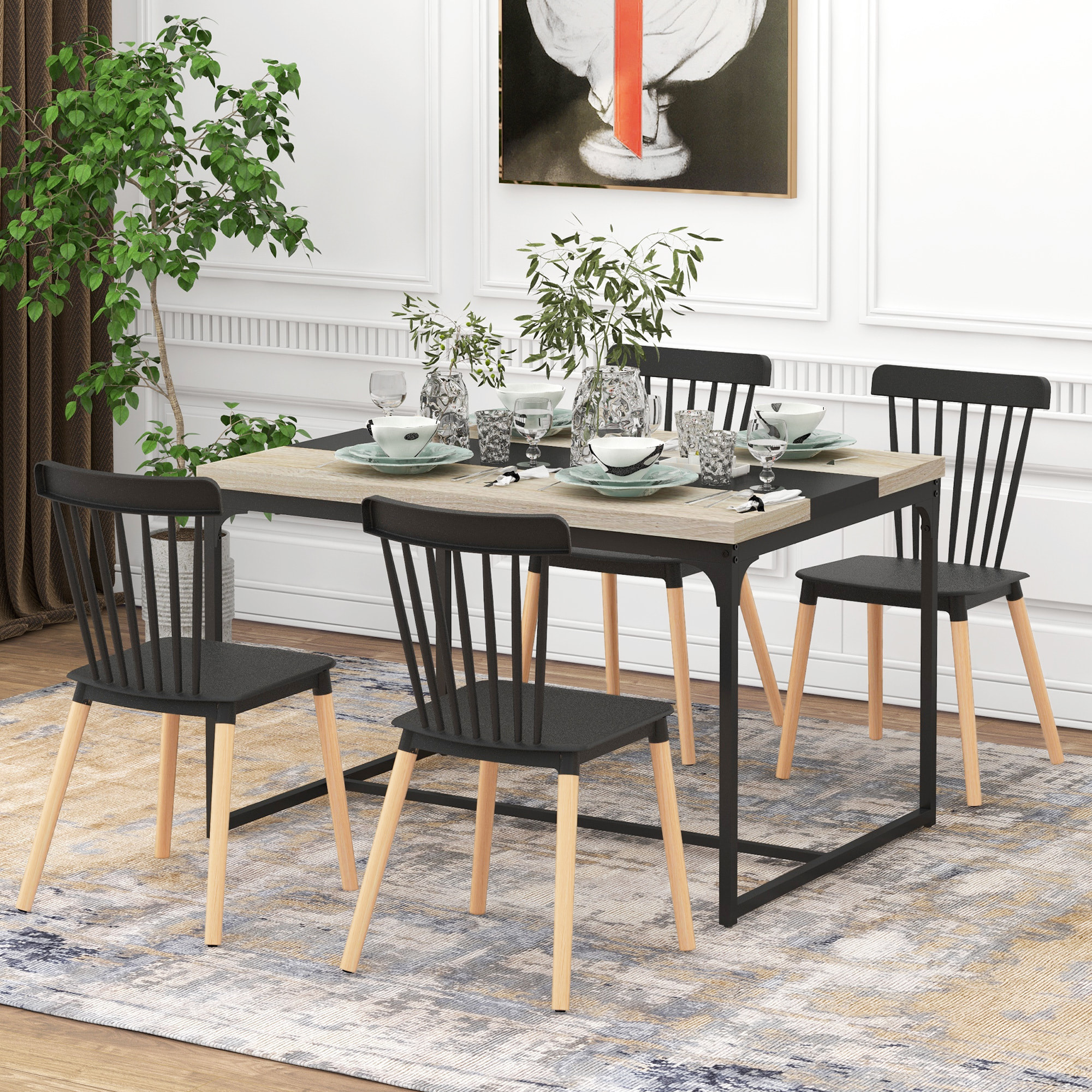 Lot de 4 chaises de salle à manger style scandinave piètement bois hêtre PP noir