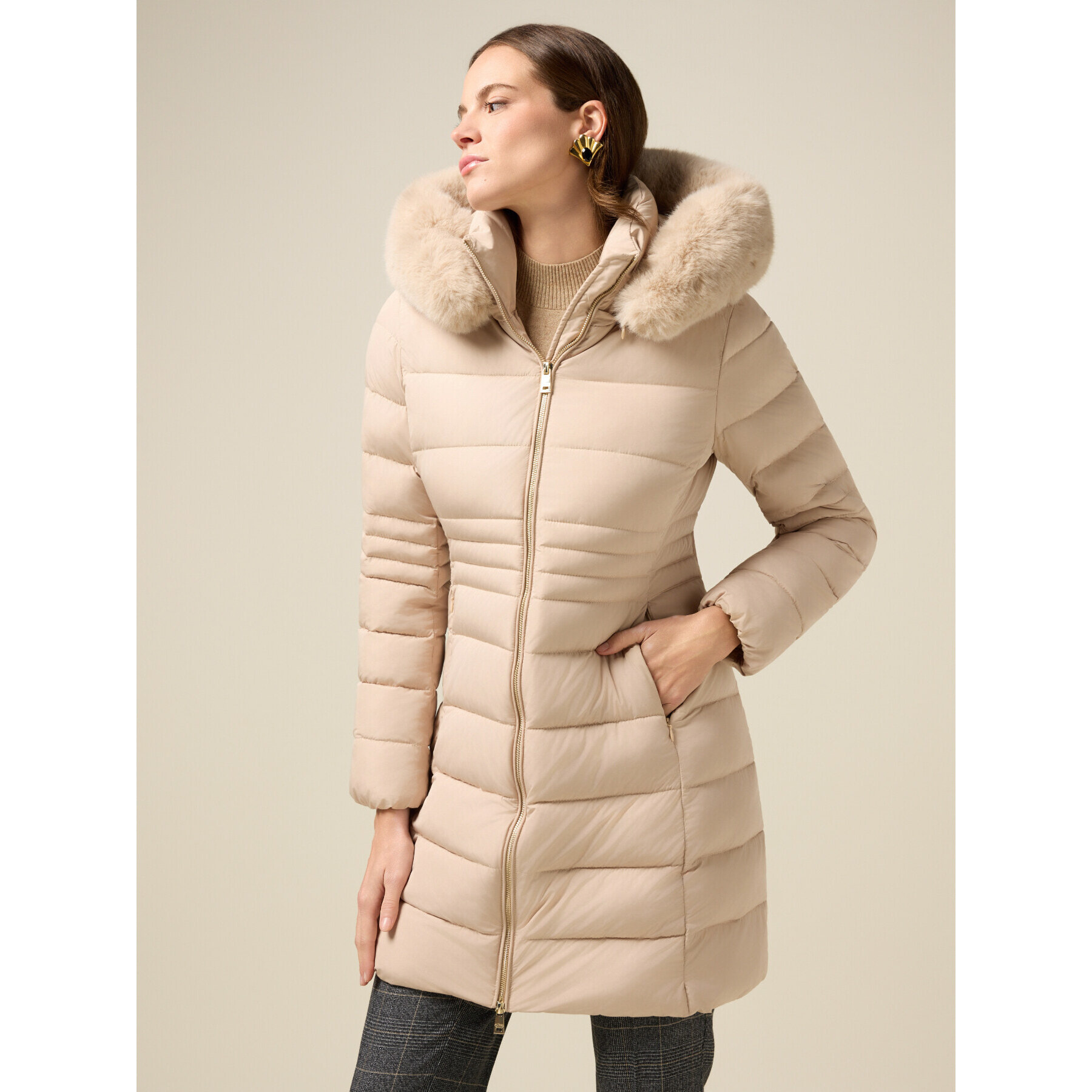 Oltre - Plumífero midi con capucha - Beige