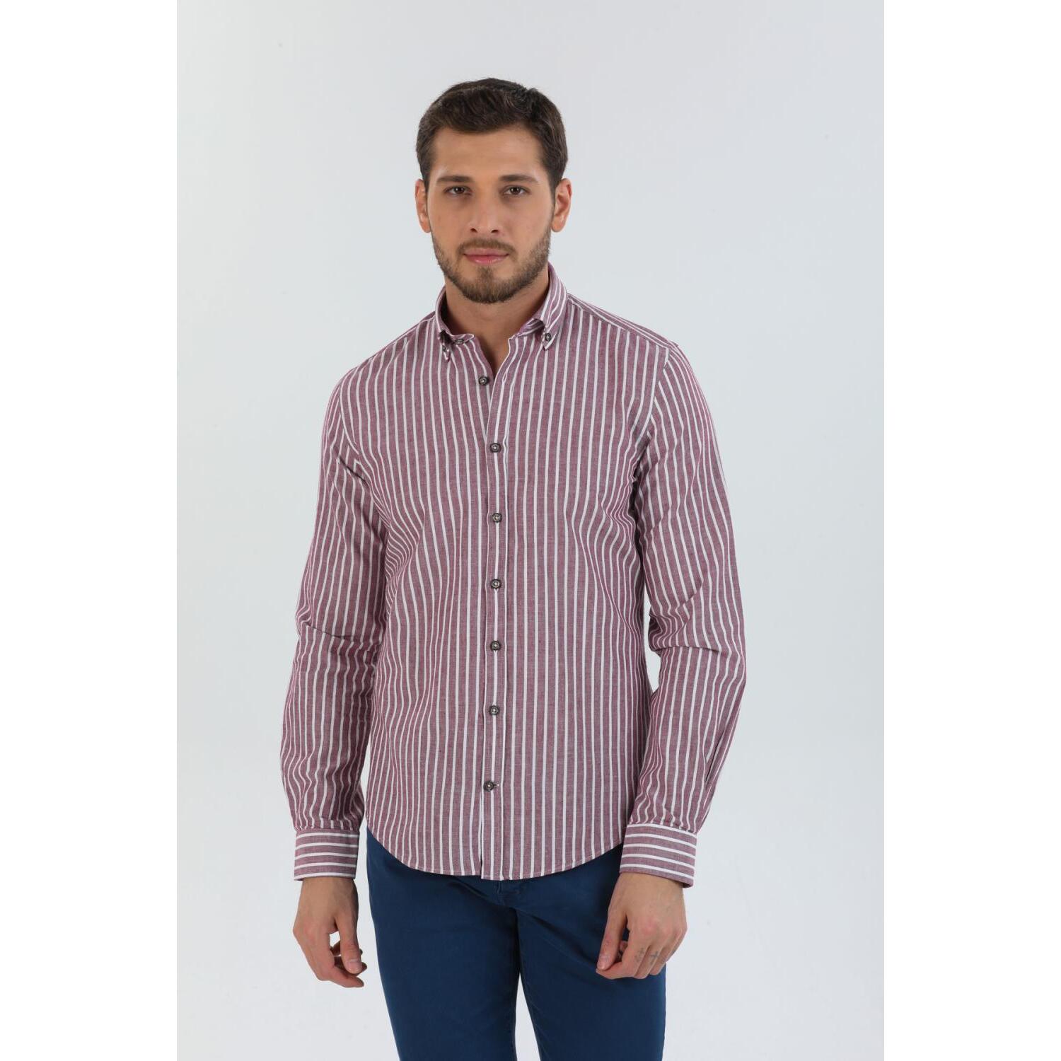 camicia uomo 1 bottone button down slim Lino Cotone Riga Media Bordeaux e Rosa