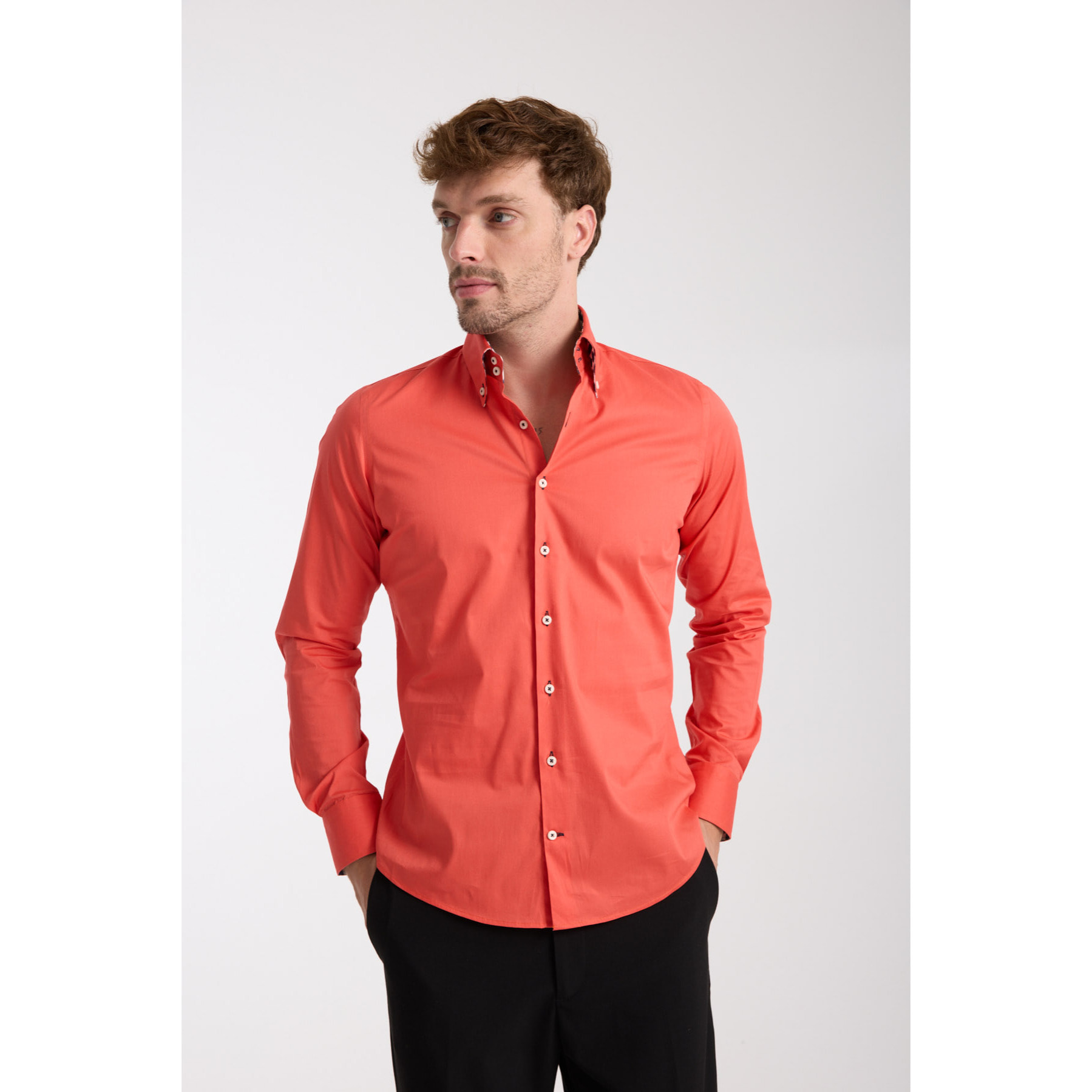Camicia Uomo 2 Bottoni Button Down Slim Popeline Stretch Unito Corallo