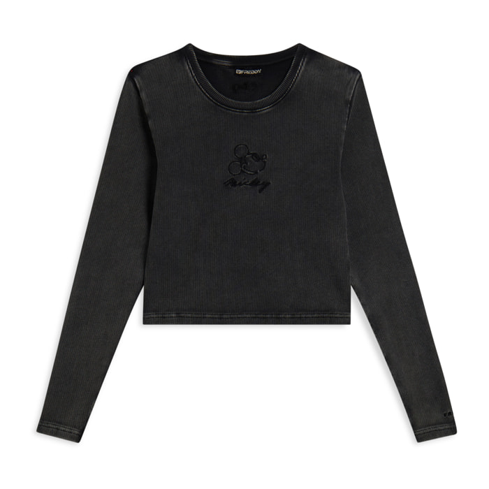 T-shirt cropped da donna a manica lunga con ricami Disney