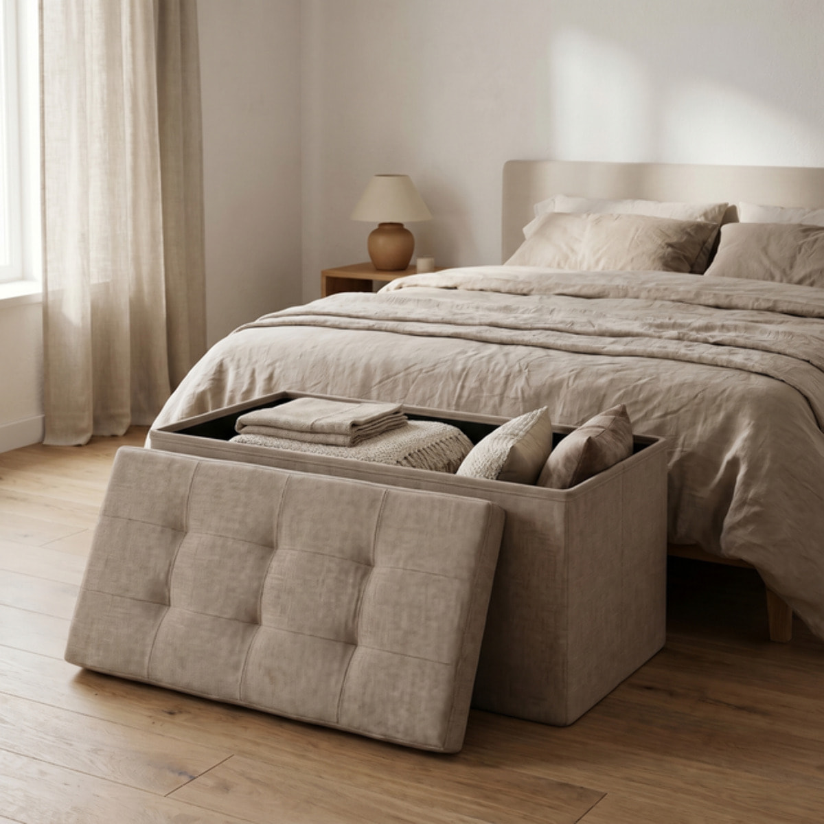 Pouf contenitore pieghevole 76x34x34 cm, panca con vano portaoggetti capiente, seduta imbottita resistente fino a 150 kg, design effetto lino elegante, salvaspazio ideale per soggiorno camera ingresso e cameretta