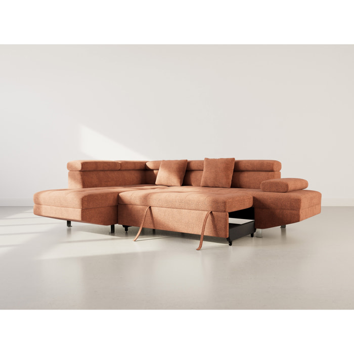 Margaux - Canapé d'angle gauche 5 places convertible avec coffre et têtières réglables en velours texturé - Terracotta