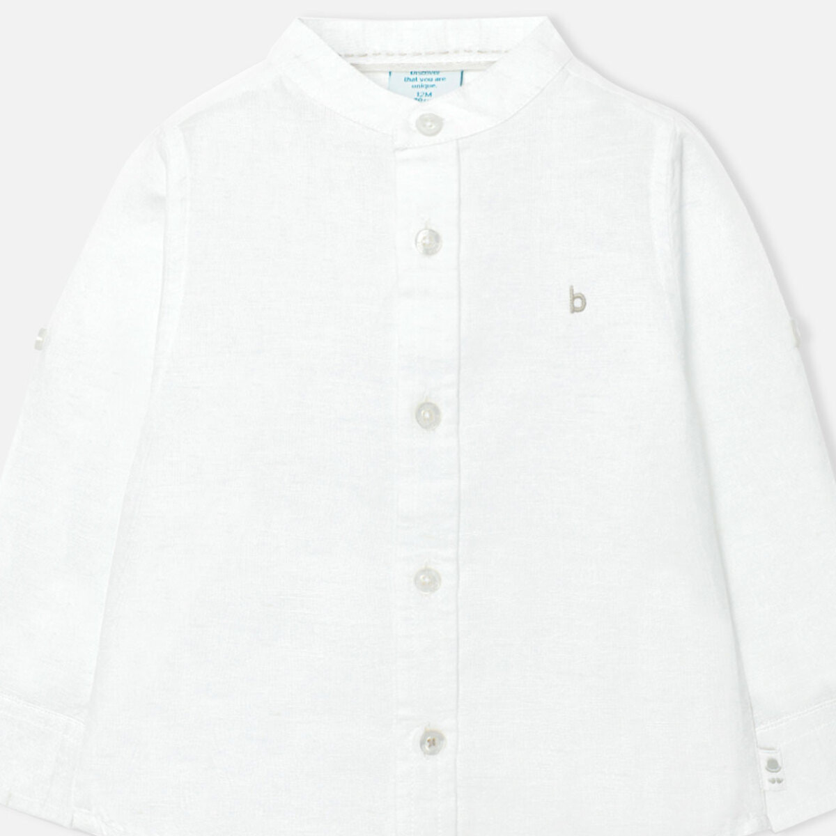 Camisa larga niño, lino estampada lisa, cuello mao, blanco