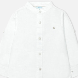 Camisa larga niño, lino estampada lisa, cuello mao, blanco