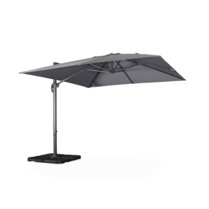 Parasol déporté carré gris 3x3m structure grise + Lot de 4 dalles à lester 50x50cm