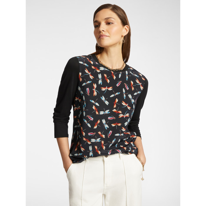 Elena Mirò - Camiseta en dos tejidos con estampado. - Negro