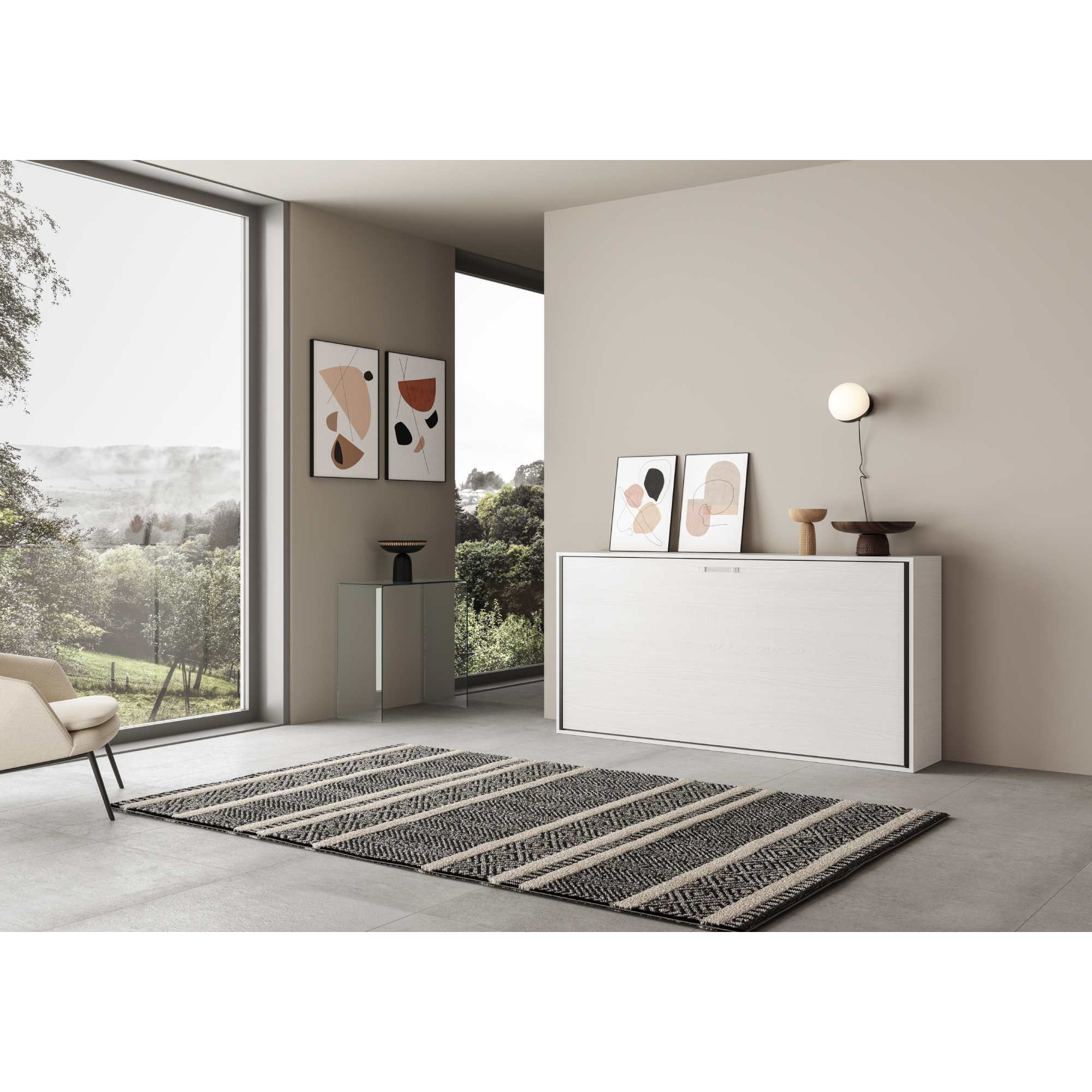 Armoire Lit escamotable horizontal 1 place 85 KANDO Frêne Blanc avec matelas