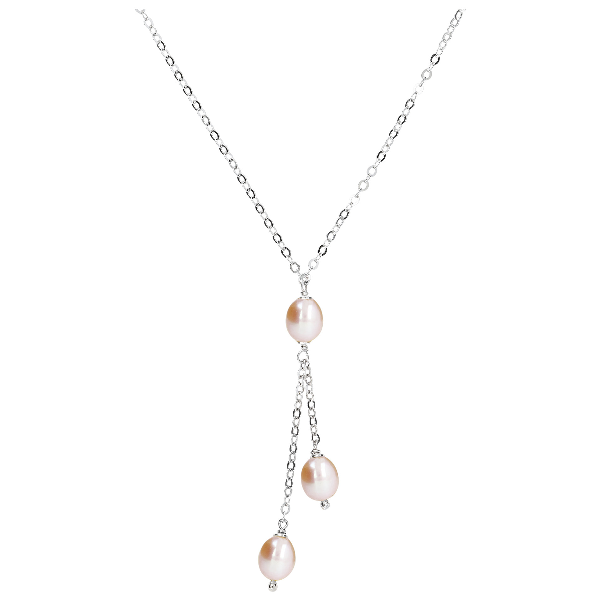 Collana a Cravatta Multifilo Catena Rolo Piatta con Perle d'Acqua Dolce Rosa Ø 7/8 mm