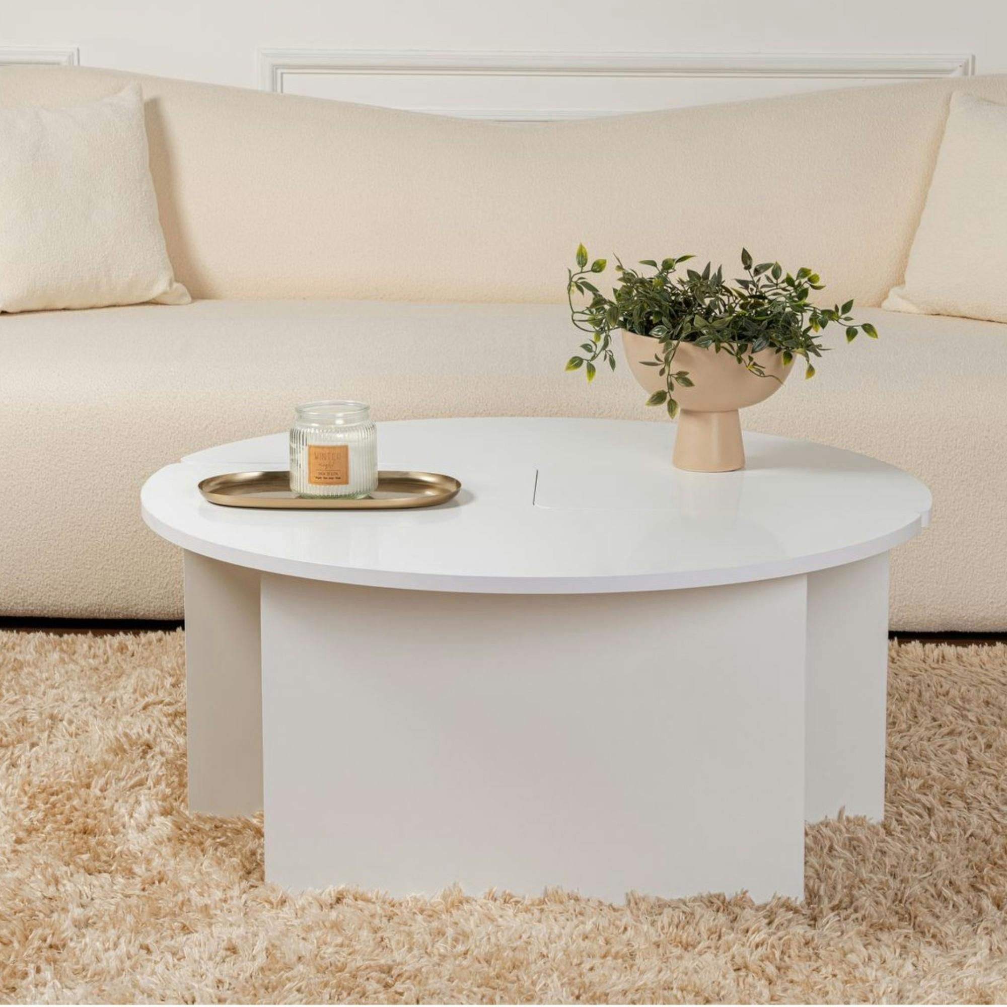 Table basse ronde blanche effet laque - design puzzle MARFA