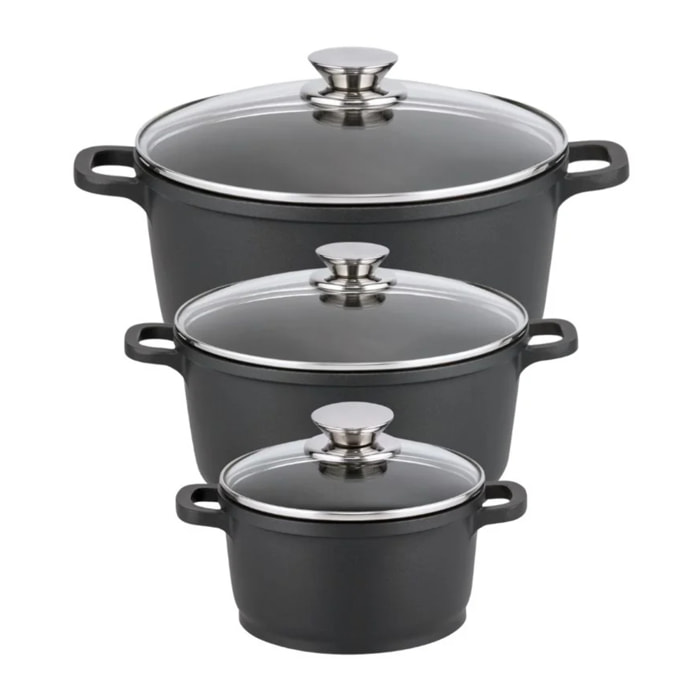 Set de 3 faitouts 16 cm 20 cm et 24 cm sans PFAS avec couvercles en verre Elo Alucast