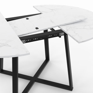 Table repas Sana plateau extensible 110-150cm rond effet marbre et pieds noirs