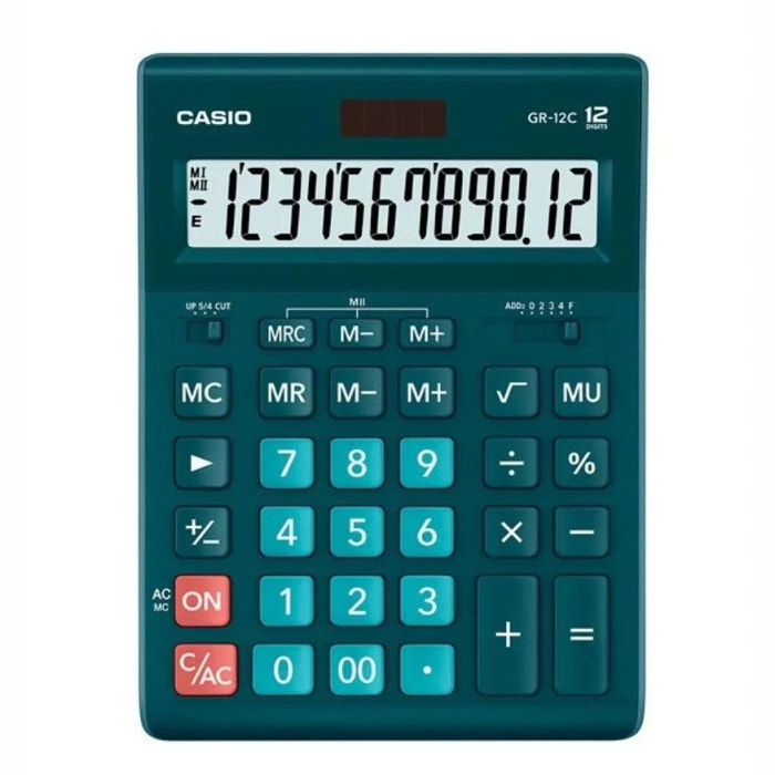 Casio Calculadora modelo GR-12C-DG-W-EPPorcentaje-raiz cuadrada-coma de 3 digito-marcar hacia arriba-selector de redondeo-redondeo automatico-tecla de retroceso-tecla doble cero