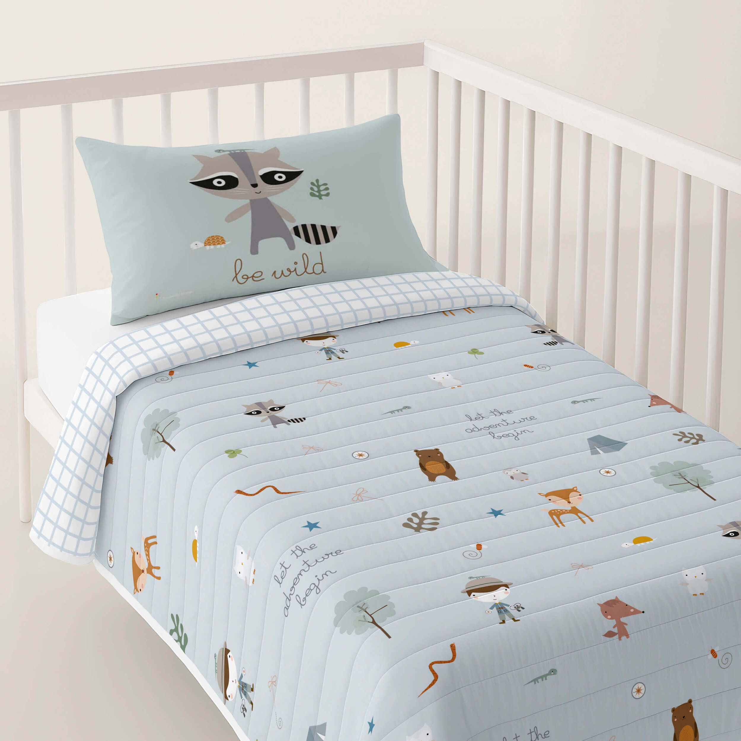 Colcha Bouti Estampada - Reversible - Infantil - 100% Algodón - Cuna - Aventura Bosque