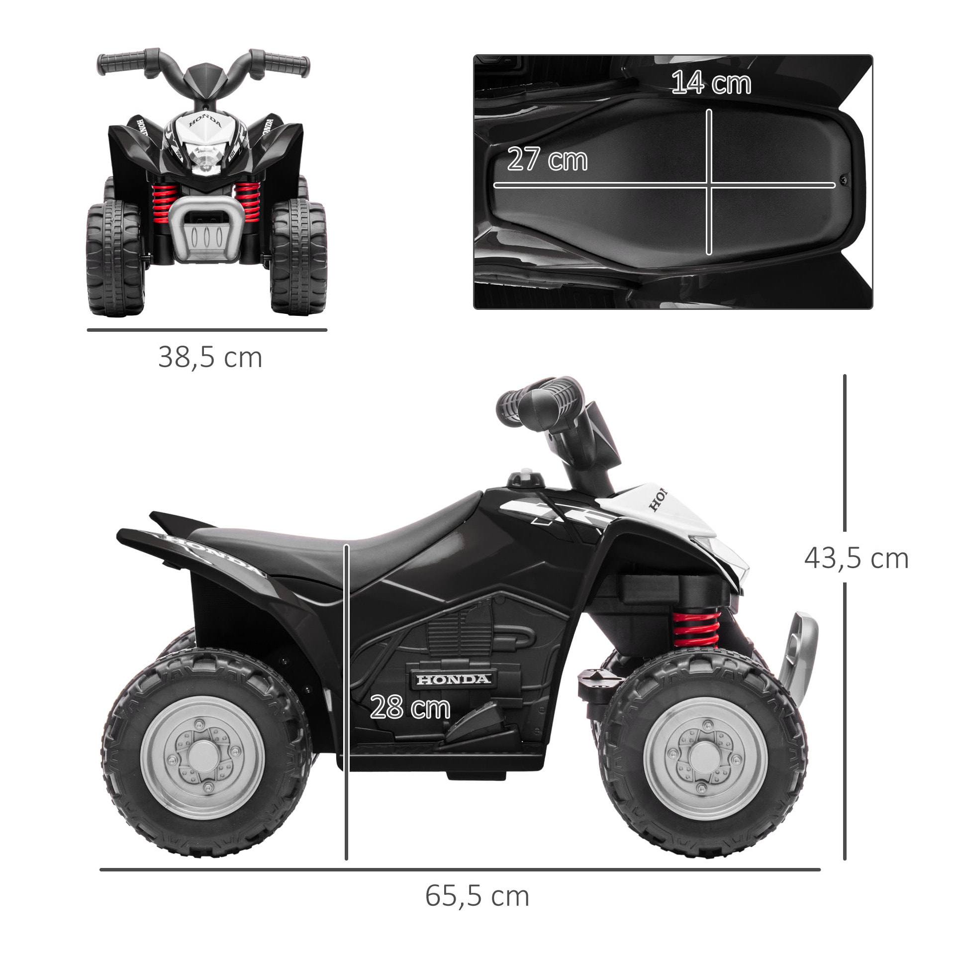 Quad Eléctrico para Niños de 18-36 Meses Vehículo Eléctrico a Batería 6V Infantil con Faros LED Bocina Velocidad de 2,8 km/h y Avance 65,5x38,5x43,5 cm Negro