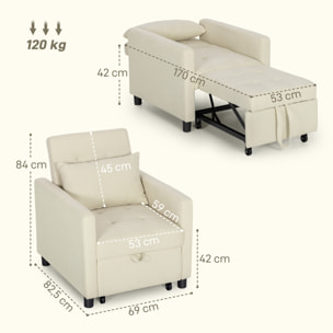 Sofá Cama de 1 Plaza 3 en 1, Sillón Cama Tapizado en Lino, con Respaldo Ajustable de 3 Niveles, Almohada Acolchada, para Oficina, Dormitorio, Salón, 69x82,5x84 cm, Beige