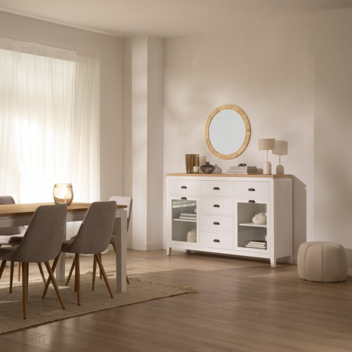 Buffet Avelin -bois massif de mindi et placage naturel de mindi-couleur blanc bergen/naturel 160 x 105 x 42 cm