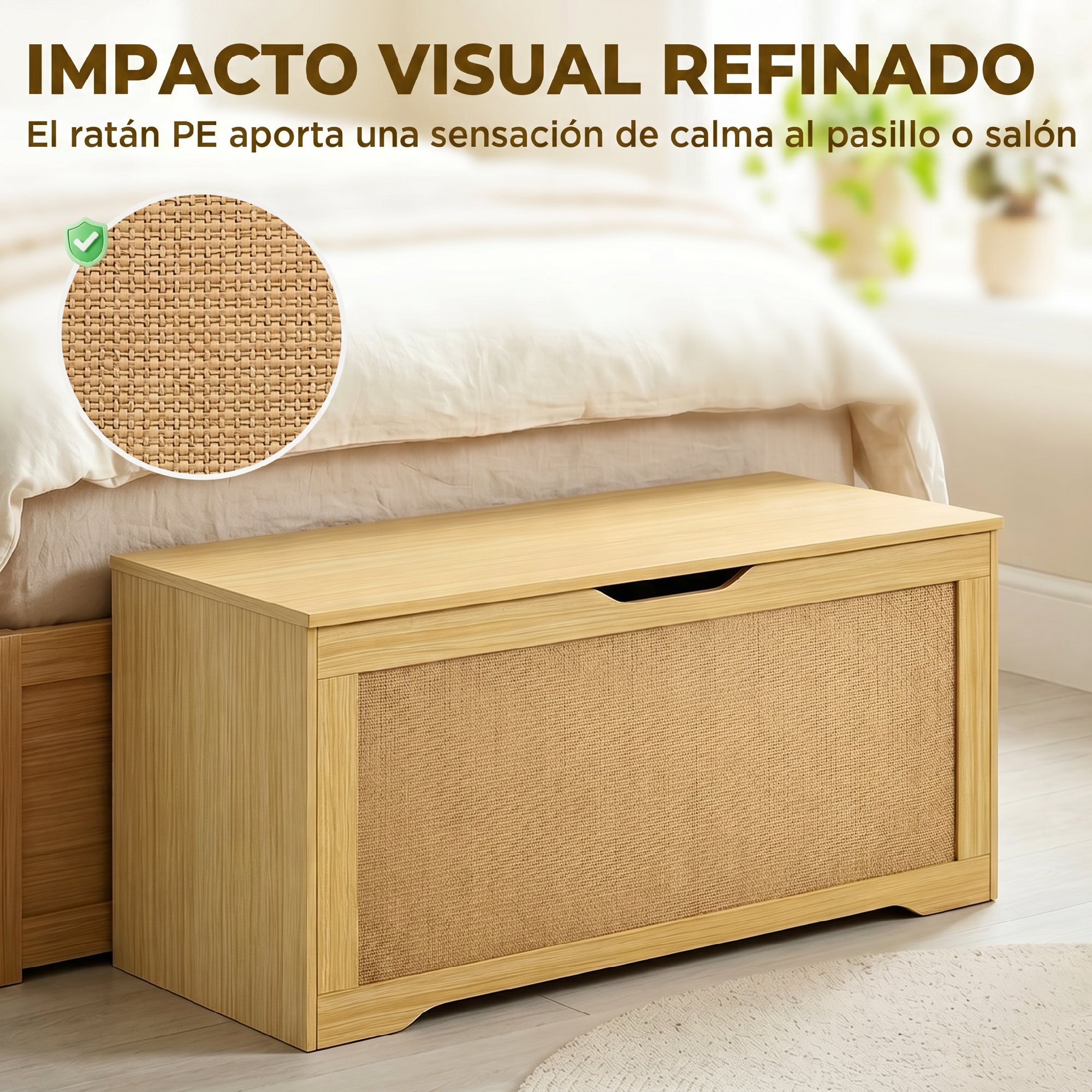 Baúl de Almacenaje 108L, Banco de Almacenaje con Panel de Ratán, Tapa Elevable, Brazos de Soporte, Diseño Sin Tiradores, para Recibidor, Pasillo, Dormitorio, Salón, 80x40x45 cm, Roble