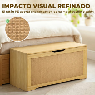 Baúl de Almacenaje 108L, Banco de Almacenaje con Panel de Ratán, Tapa Elevable, Brazos de Soporte, Diseño Sin Tiradores, para Recibidor, Pasillo, Dormitorio, Salón, 80x40x45 cm, Roble