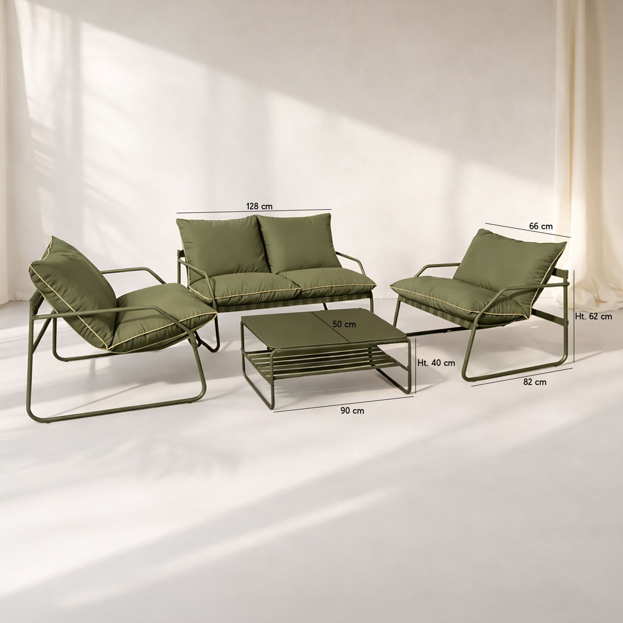 Salon de jardin 4 places en acier et tissu kaki LUIGI