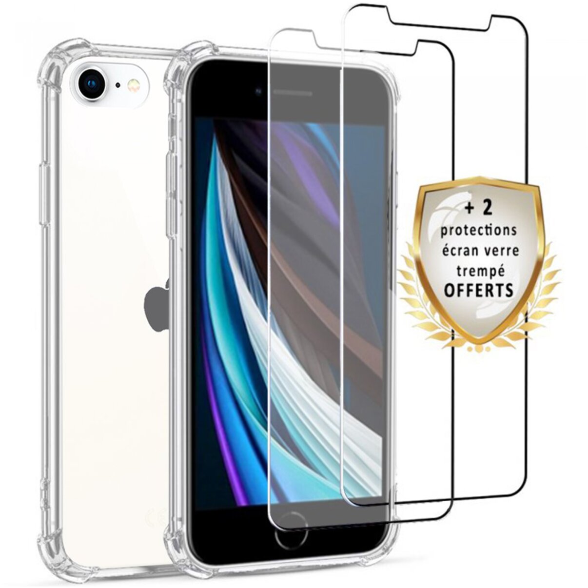 Coque iPhone 7/8 Antichoc Silicone + 2 Vitres en verre trempé Protection écran ultra résistant