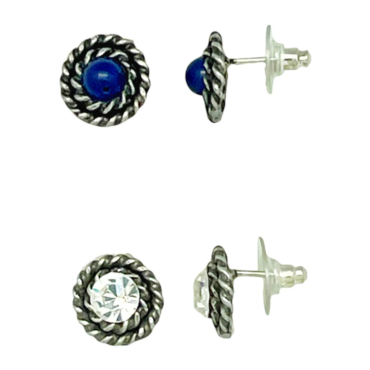 Pack de pendientes redondo filiigrana Sw cristal y Piedra azul_lapislazuli plata 10µ