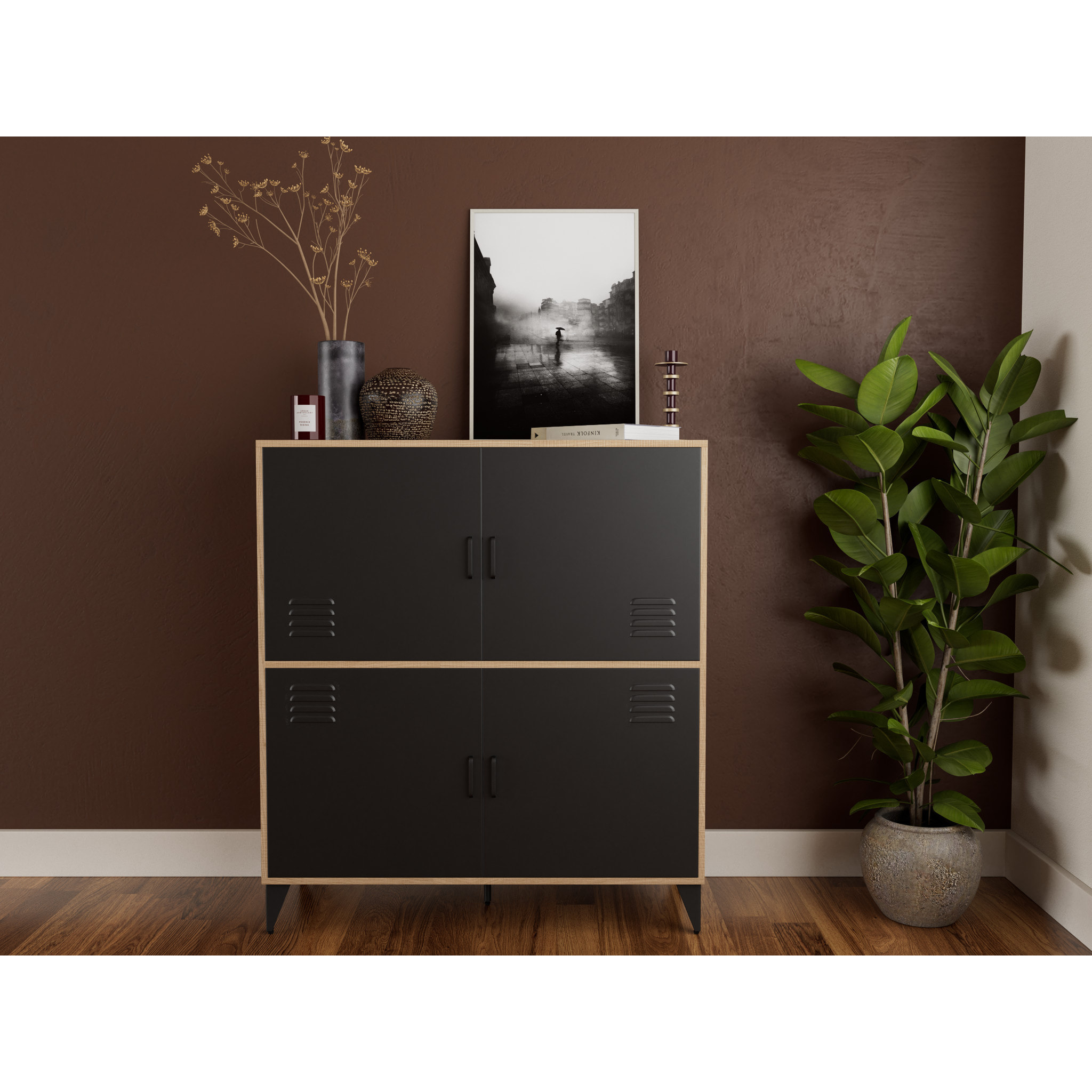 Tribeca - buffet haut - effet bois et métal noir - 2 portes - 100x112 cm - Bois / Noir