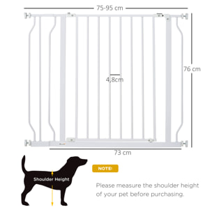 Barrera de Seguridad de Perros Extensible para Escaleras y Puertas 75-95 cm con Extensión Montaje a Presión Acero Altura 76 cm Blanco