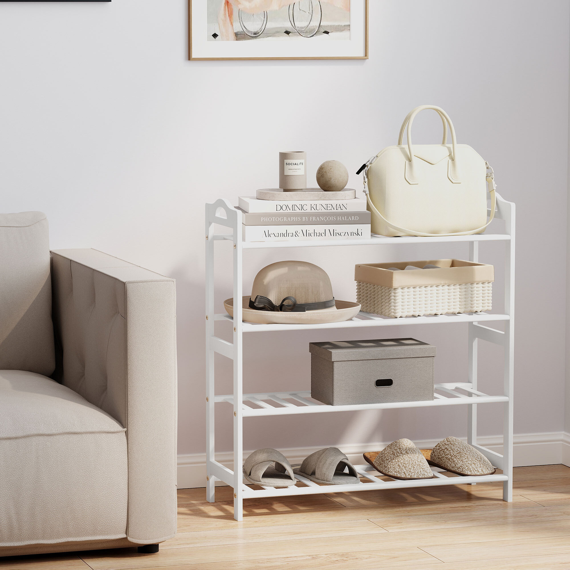 Zapatero de 4 Niveles Estantería para Zapatos de Bambú para 12 Pares de Zapatos para Entrada Pasillo Dormitorio 67,5x24,7x72 cm Blanco