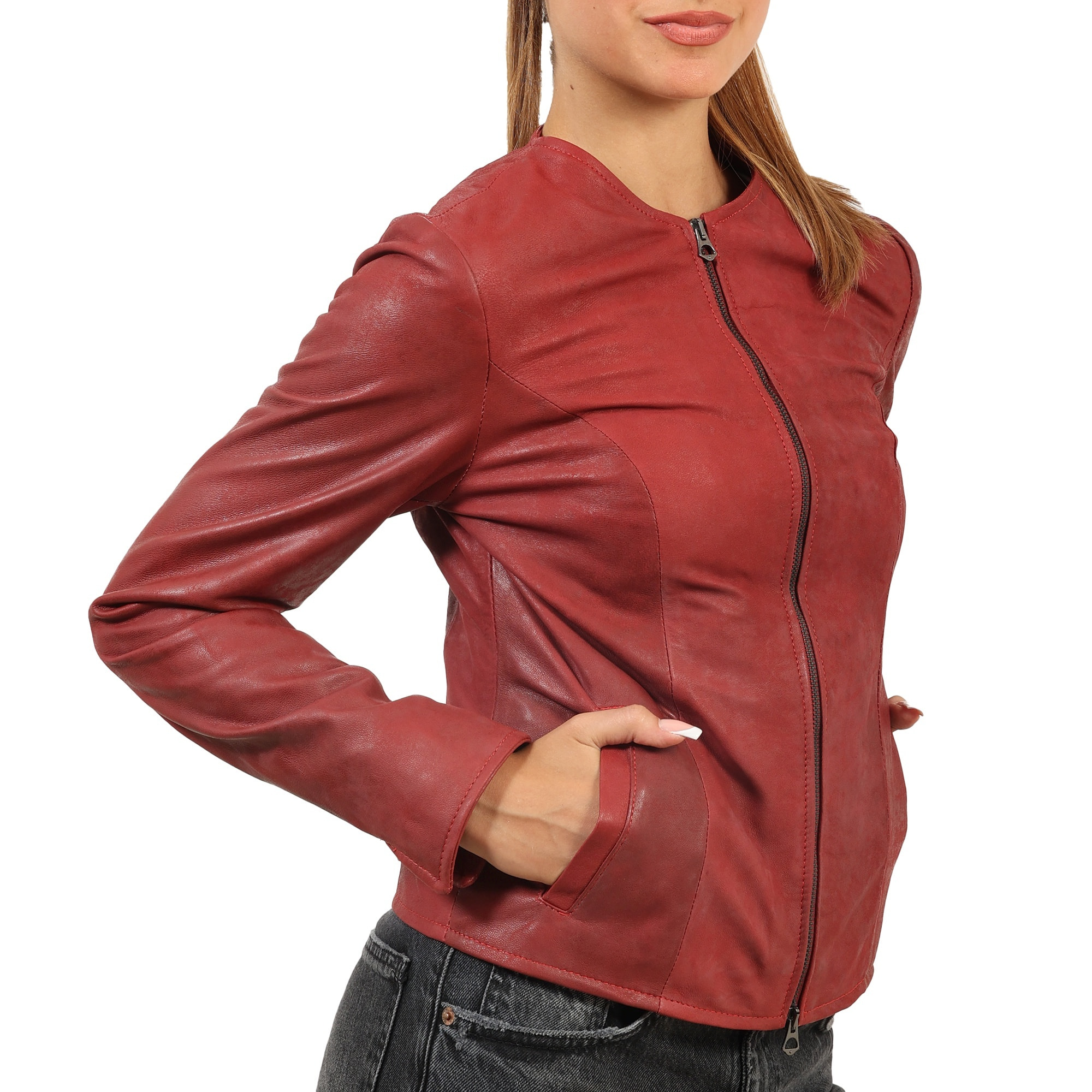 Giubbino in pelle di vitello rifinizione dakota bordeaux-Slim Fit