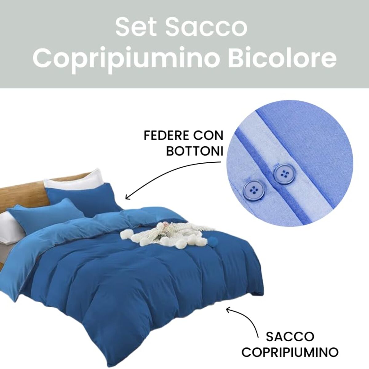 Parure Copripiumino Bicolore Matrimoniale, Set Sacco Copripiumino in Cotone con Federe