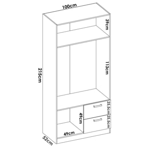 Guardaroba Velino, Mobile appendiabiti per camera da letto, Armadio a 2 ante battenti e 2 cassetti, 100x52h215 cm, Bianco