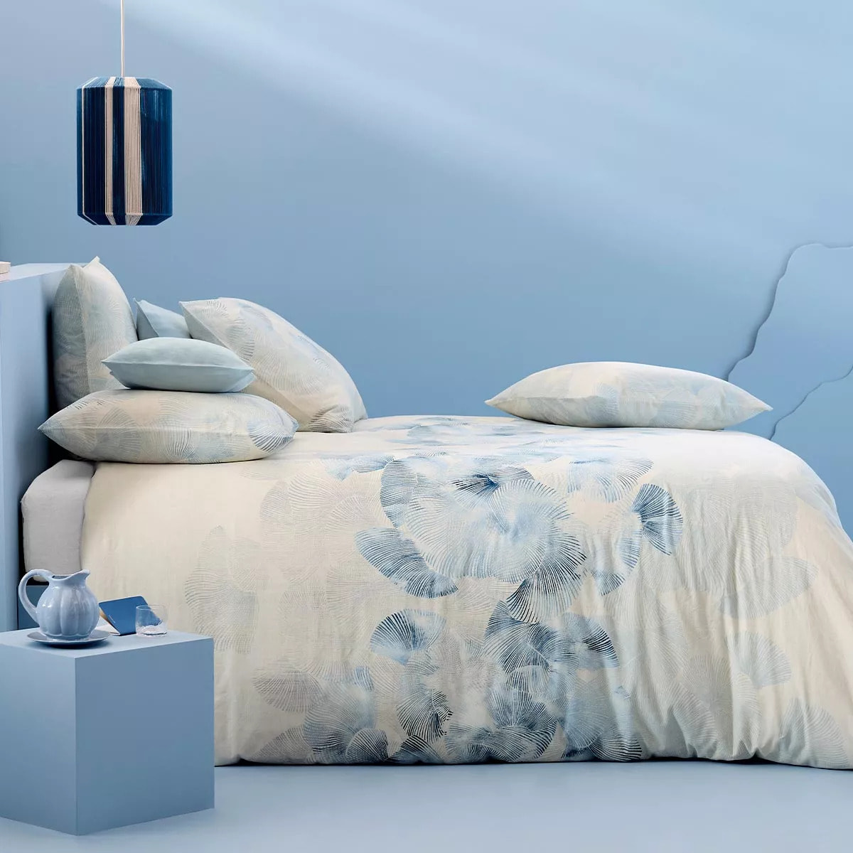 Housse de couette lin & coton lavé 130 g/m² imprimé bleu beige Vagues indigo