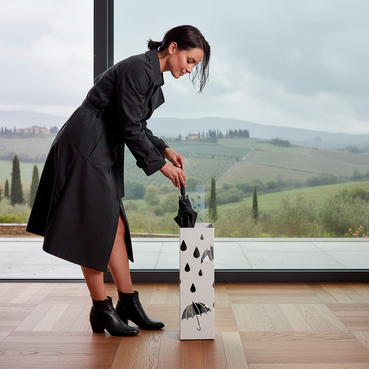 Portaombrelli In Acciaio Zincato Con Vaschetta Scolapioggia E 4 Ganci Removibili Base Antiscivolo Design Moderno Ingresso  49 x 15.5 x 15.5 Cm Bianco