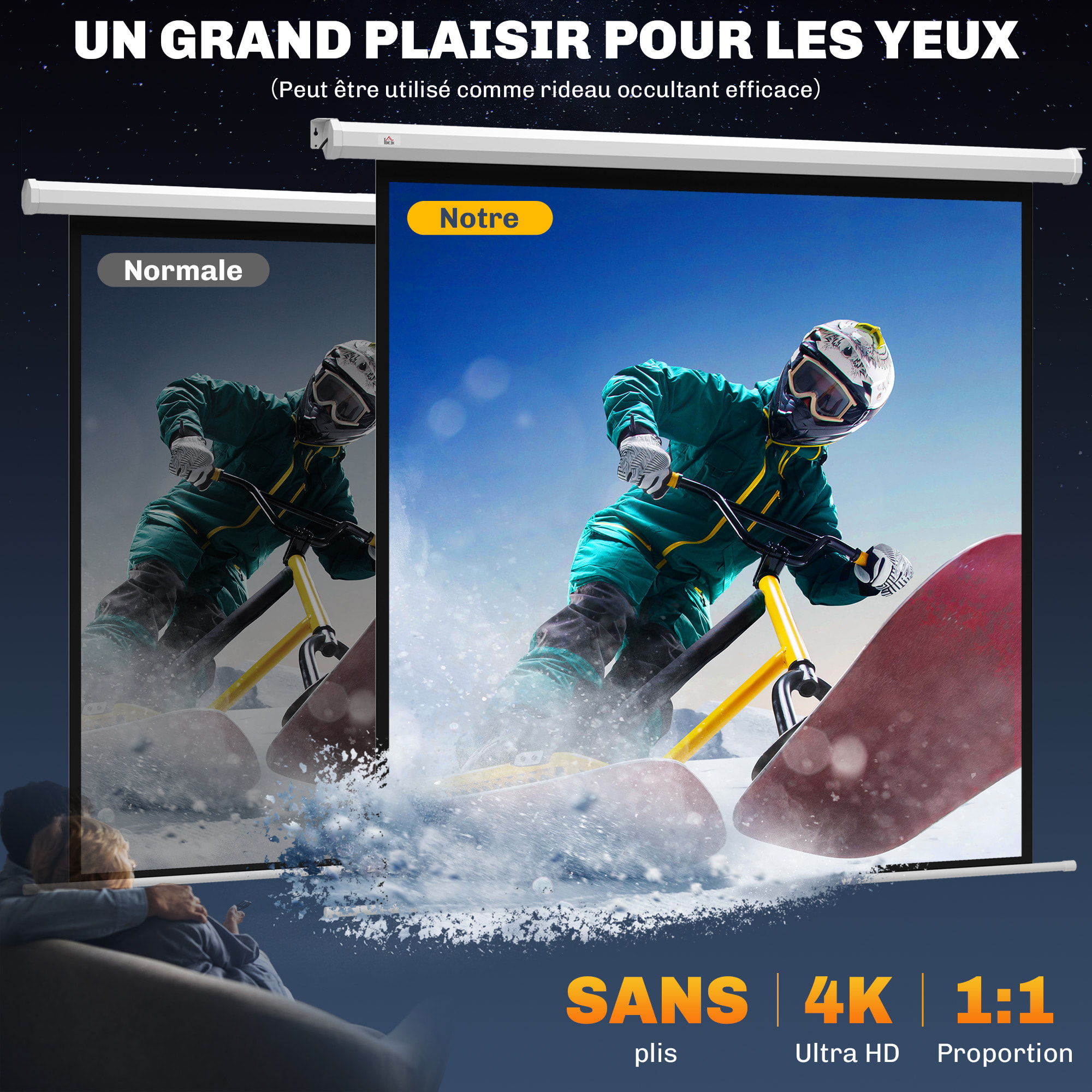 Écran de projection motorisé home-cinéma format 1:1 85 pouces 4K HD avec télécommande blanc noir