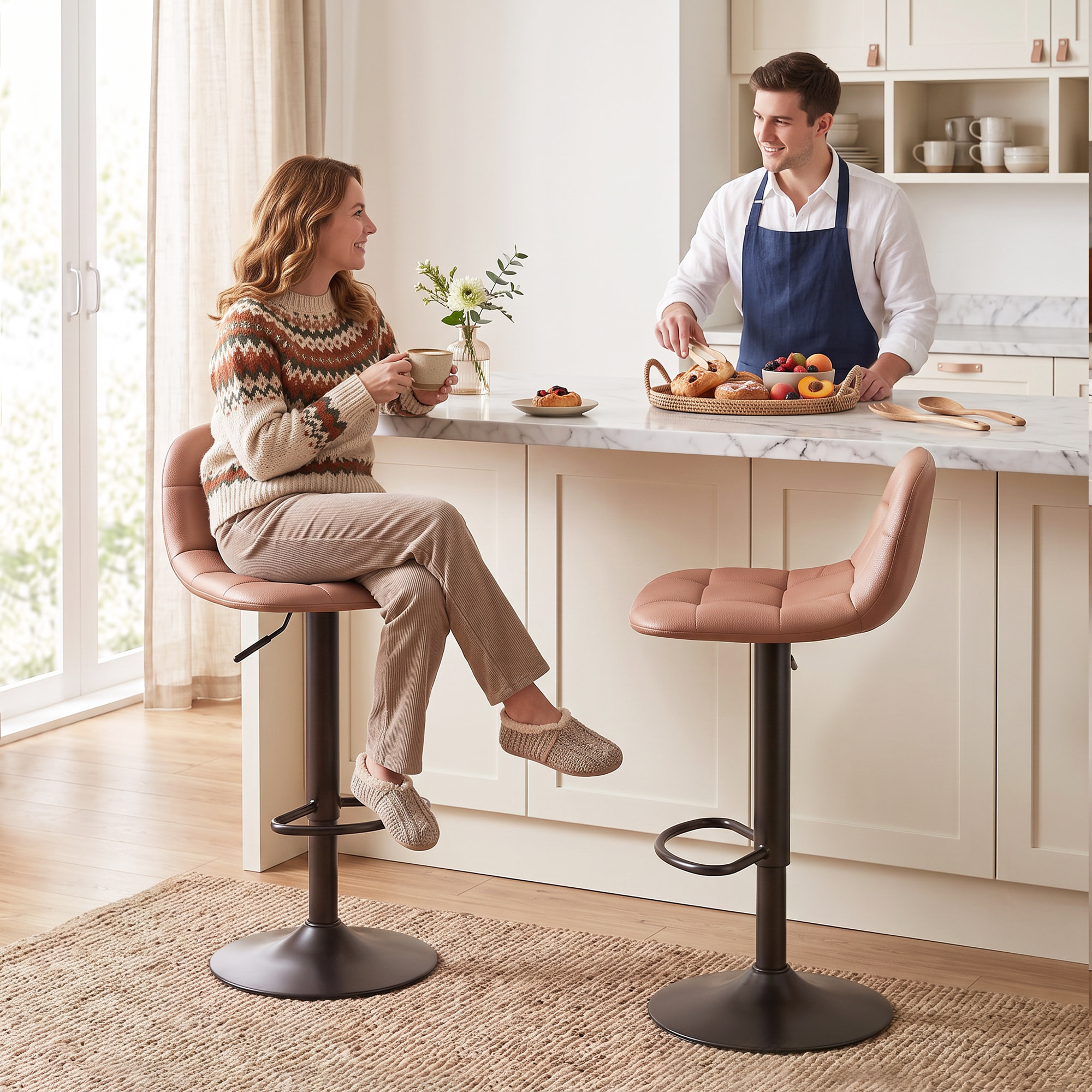 Juego de 2 Taburetes Altos de Cocina Giratorios 360°, Taburetes de Bar Regulables en Altura de 76-98 cm, con Respaldo Acolchado, Reposapiés, Tapizados en Cuero Sintético, Marrón Oscuro