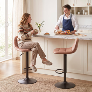 Juego de 2 Taburetes Altos de Cocina Giratorios 360°, Taburetes de Bar Regulables en Altura de 76-98 cm, con Respaldo Acolchado, Reposapiés, Tapizados en Cuero Sintético, Marrón Oscuro