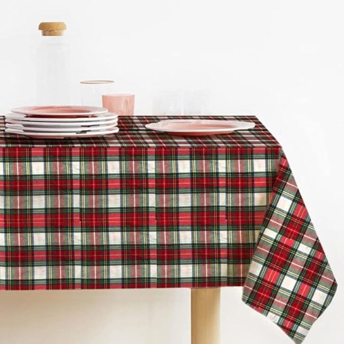 Runner natalizio rettangolare in cotone tartan con lurex, elegante decorazione per tavola delle feste, design scozzese raffinato e luminoso, resistente e pratico, facile da lavare, ideale per pranzi e cene natalizie, Made in Italy
