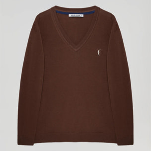 Maglione marrone in maglia basic con collo a V e logo Rigby Go