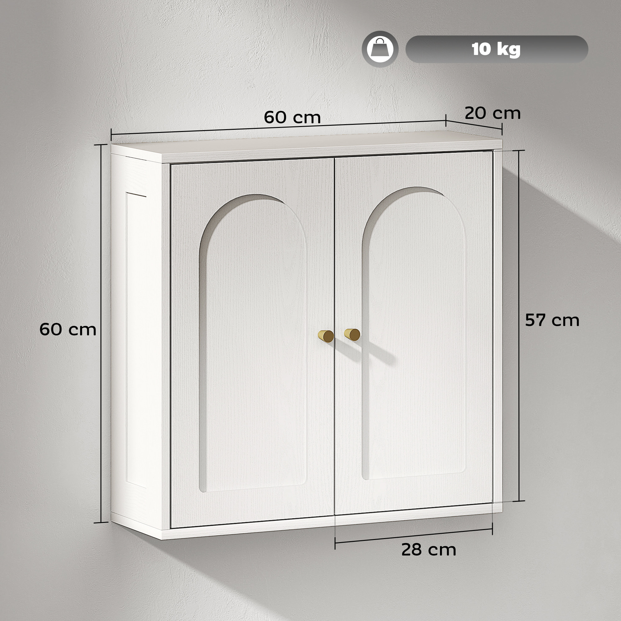 Armario de Baño de Pared Mueble de Baño Colgar con Estantes 2 Puertas con Diseño de Arco Tiradores Dorados 60x20x60 cm Blanco