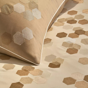 Taie d'oreiller satin de coton brodé beige Hexagones angora
