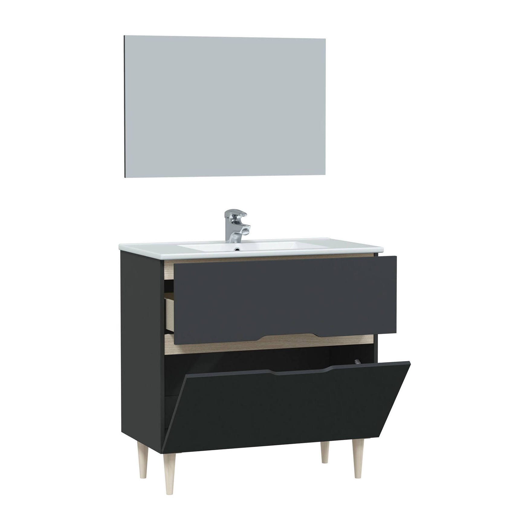 Mobile sottolavabo Yarmouth, Sotto lavabo bagno, Mobiletto da bagno con specchio, Lavabo non incluso, 80x45h80 cm, Antracite e Rovere