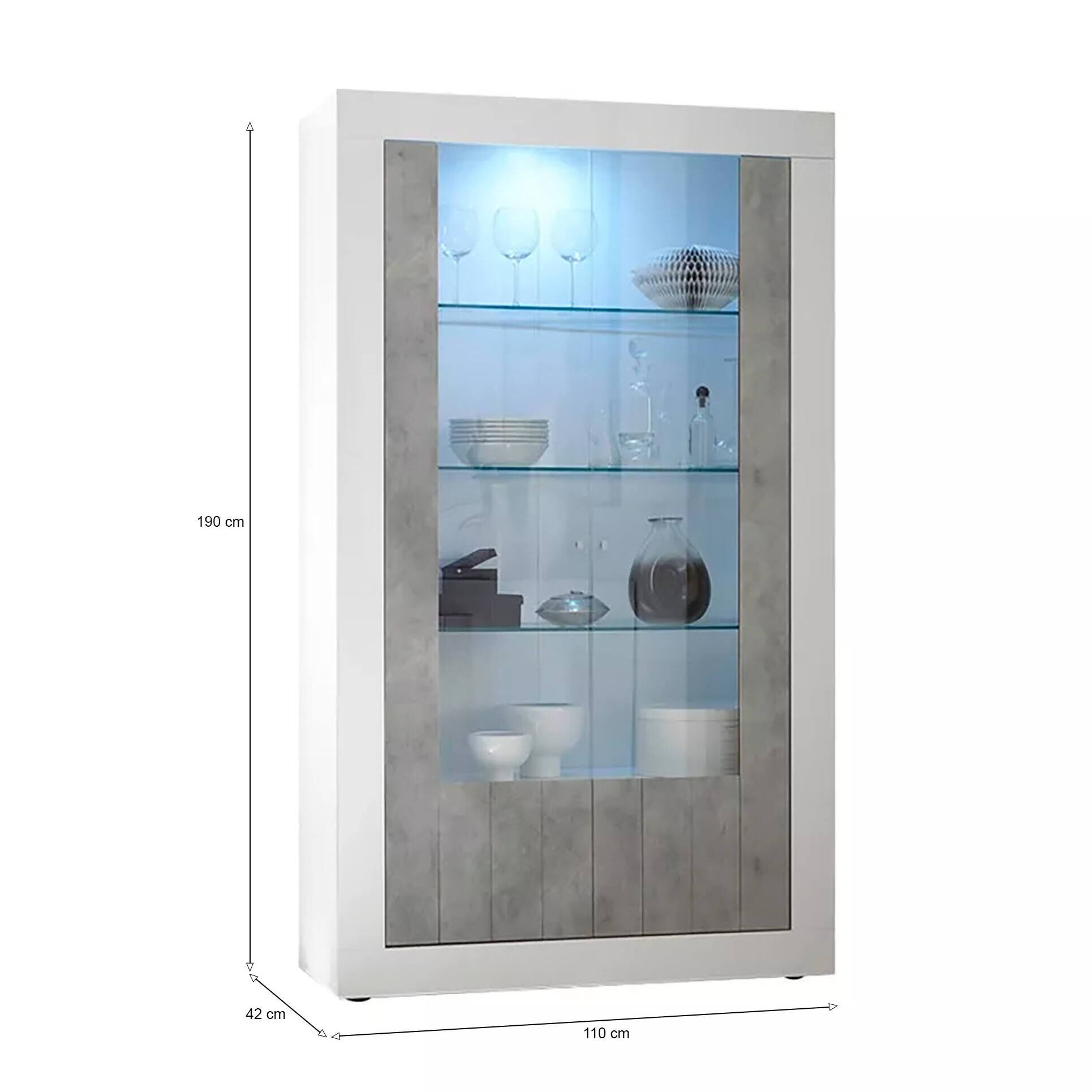 Vetrina moderna con scaffali, Made in Italy, Credenza con anta a vetro, Mobile da soggiorno, Vetrinetta, cm 110x42h190, colore Bianco lucido e Cemento